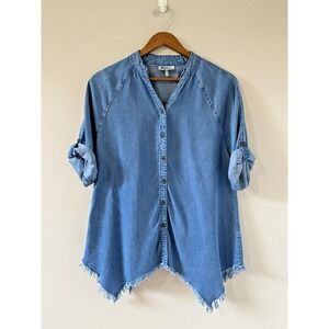 Hester & Orchard Womens Medium Tencel Chambray Asymmetrical Hem Top Fray Western